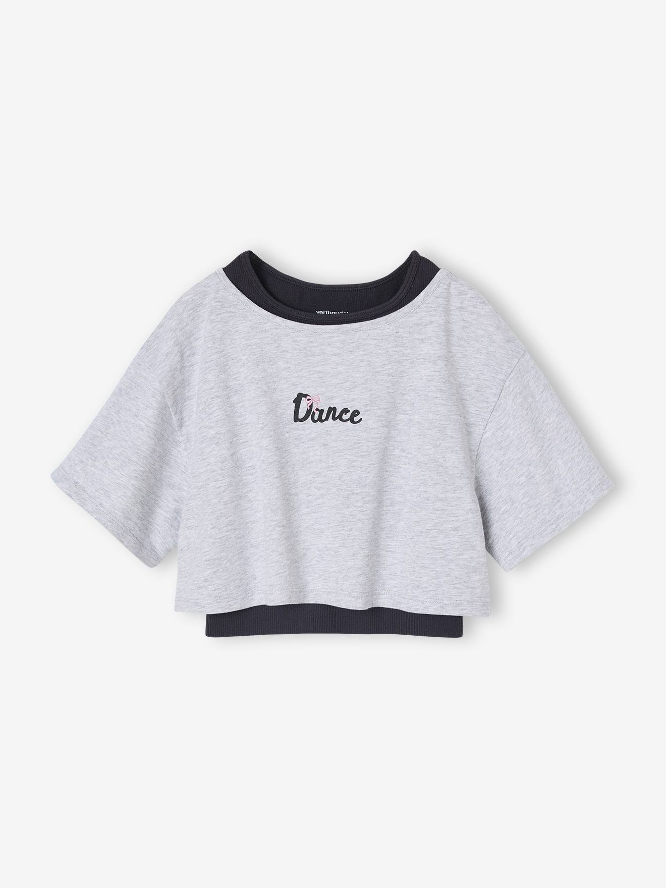 Tee-shirt sport cropped 2 en 1 avec brassière fille gris chiné