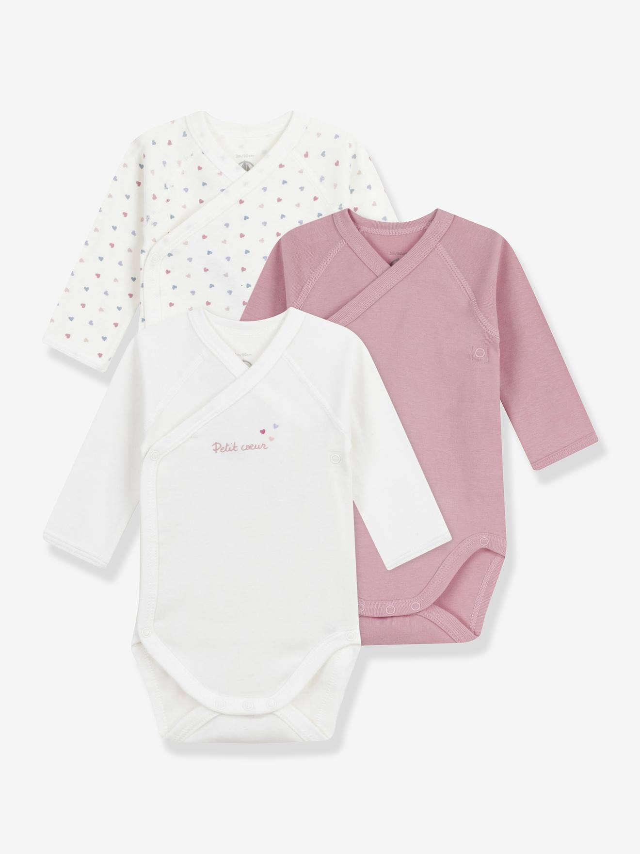Lot de 3 bodies croisés en coton imprimé bébé rose