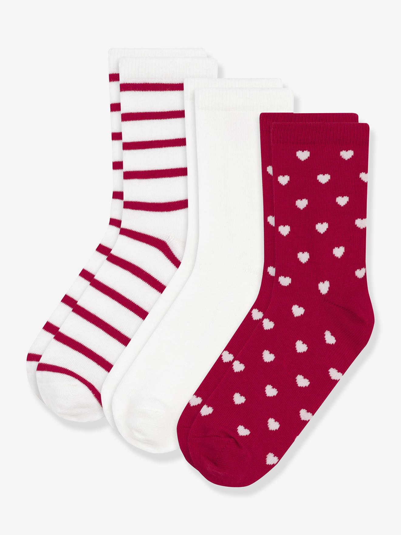 Lot de 3 paires de chaussettes coton motifs coeurs rouge