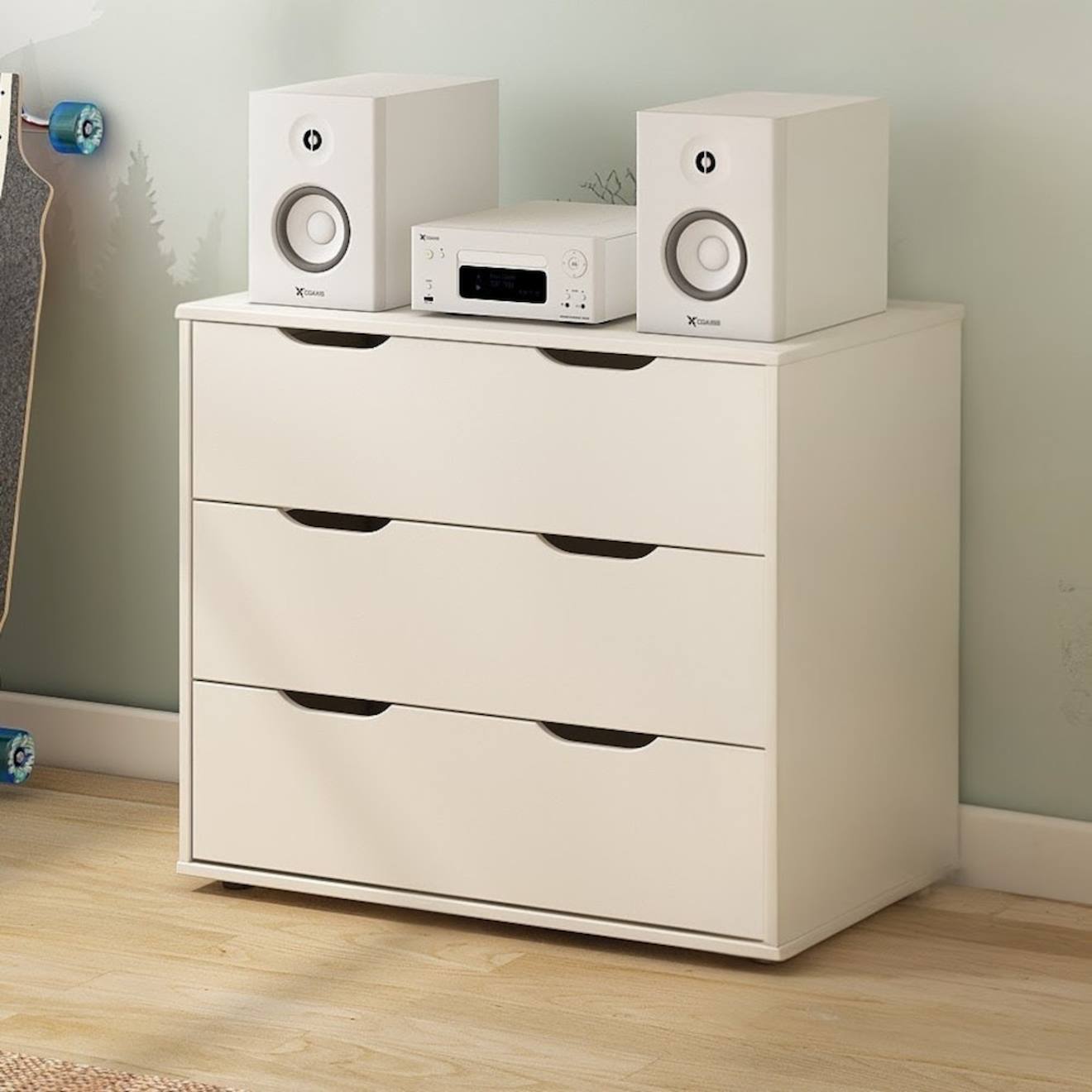 Commode 3 Tiroirs Effet Bois Colette Blanc