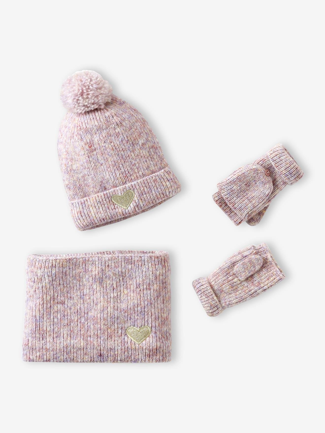Ensemble fille bonnet, snood, moufles/mitaines avec badge coeur rose poudré