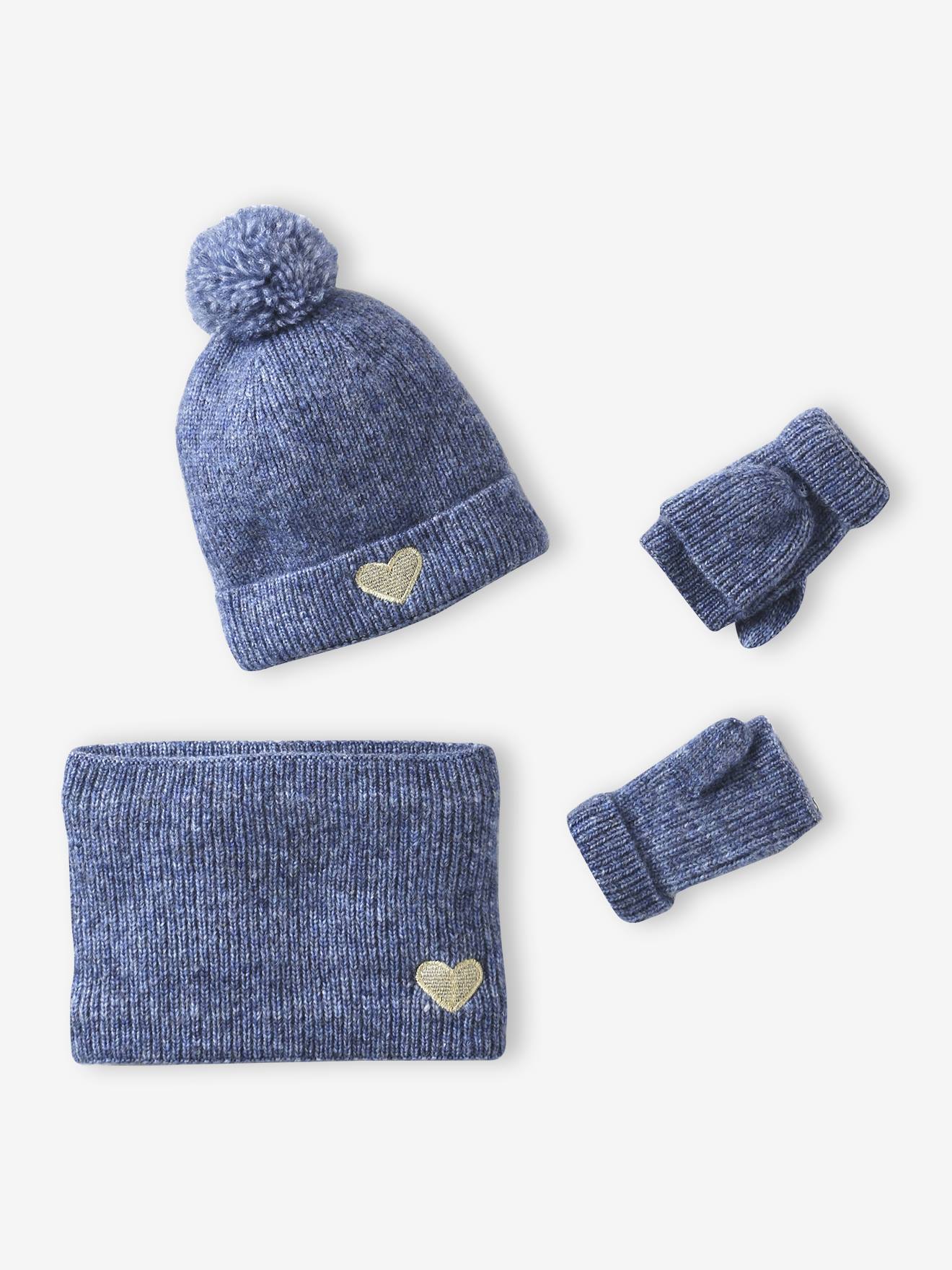 Ensemble fille bonnet, snood, moufles/mitaines avec badge coeur marine