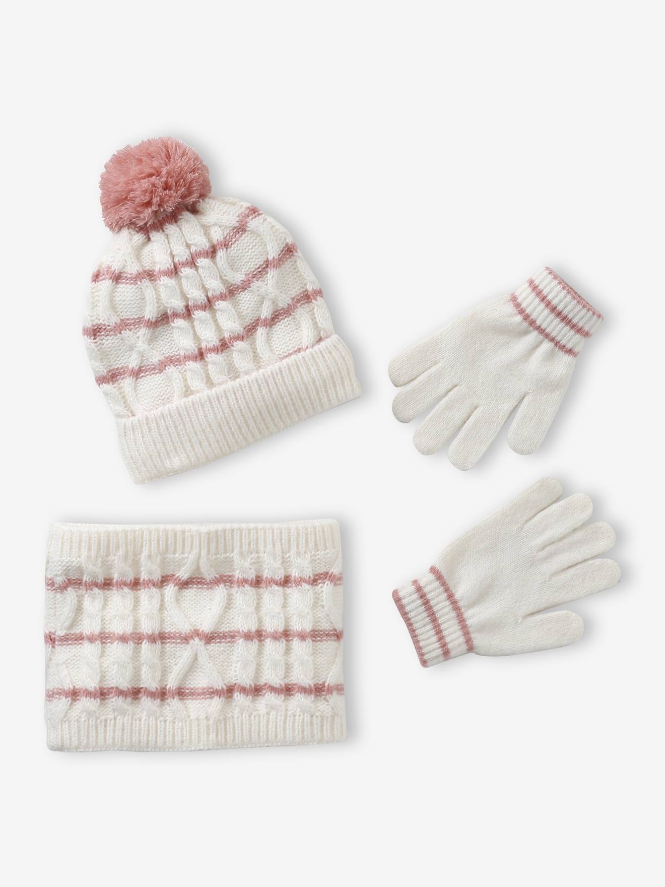 Ensemble torsadé fille bonnet + snood + moufles/gants écru