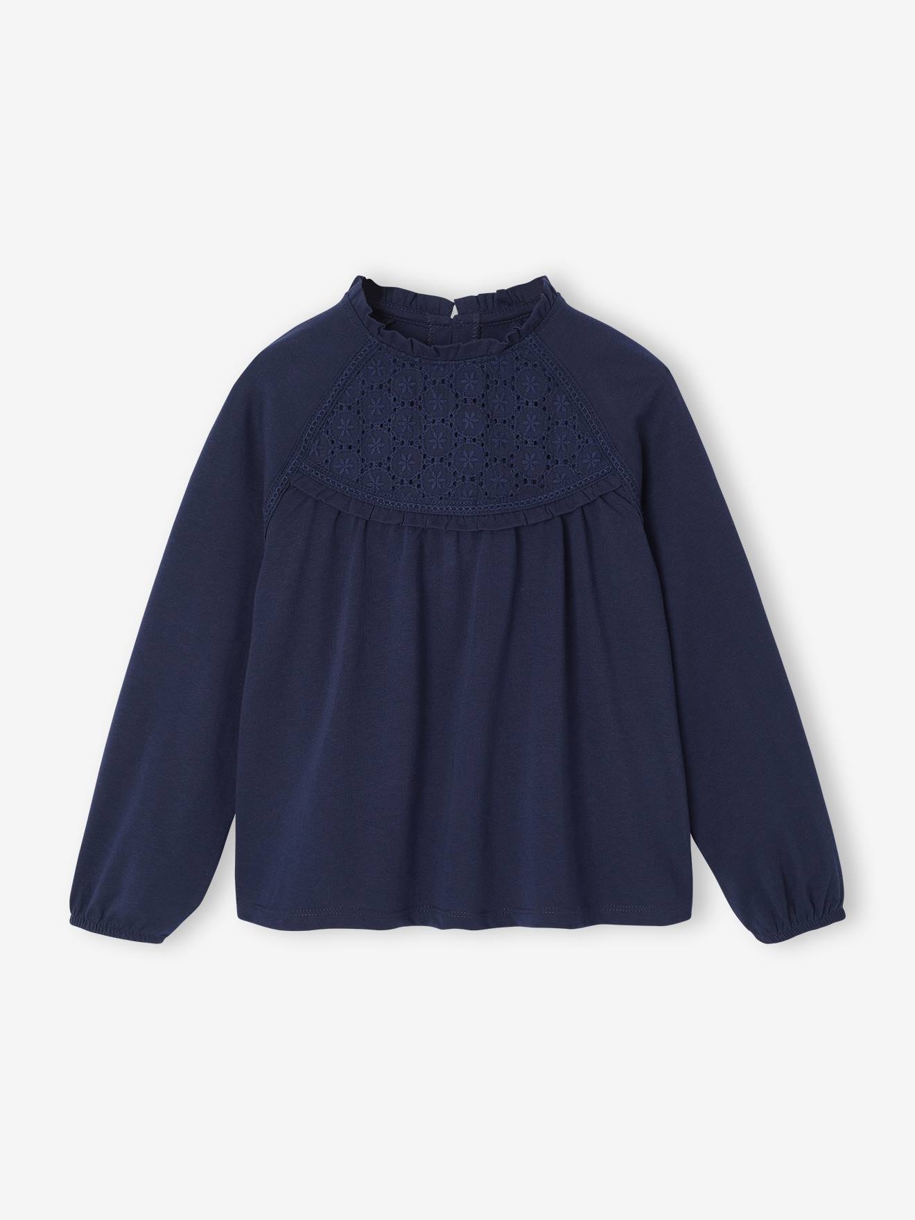 Tee-shirt blouse fille dtail broderie anglaise manches longues marine 13 €