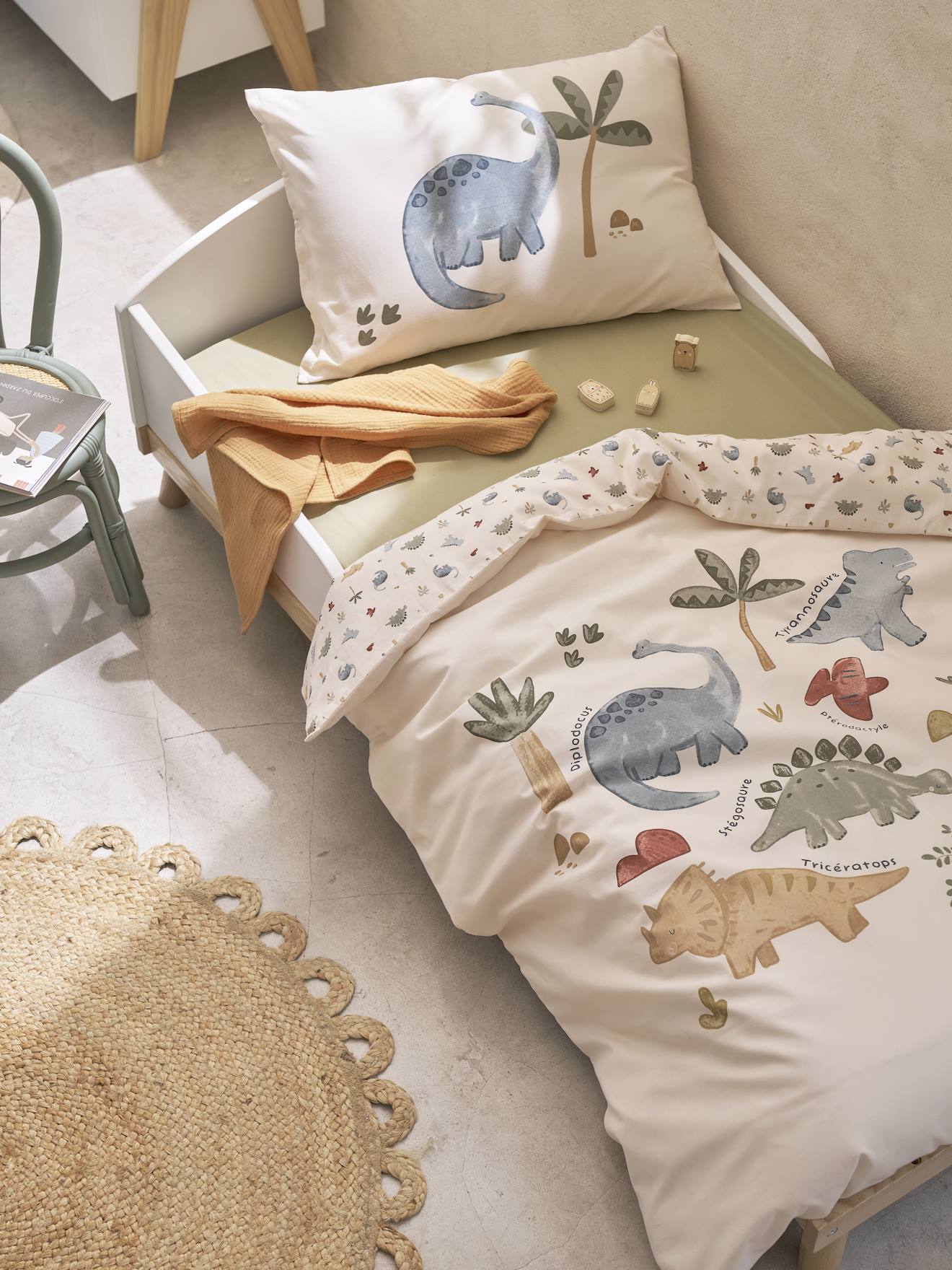 Parure housse de couette bébé et taie d'oreiller MINISAURUS écru