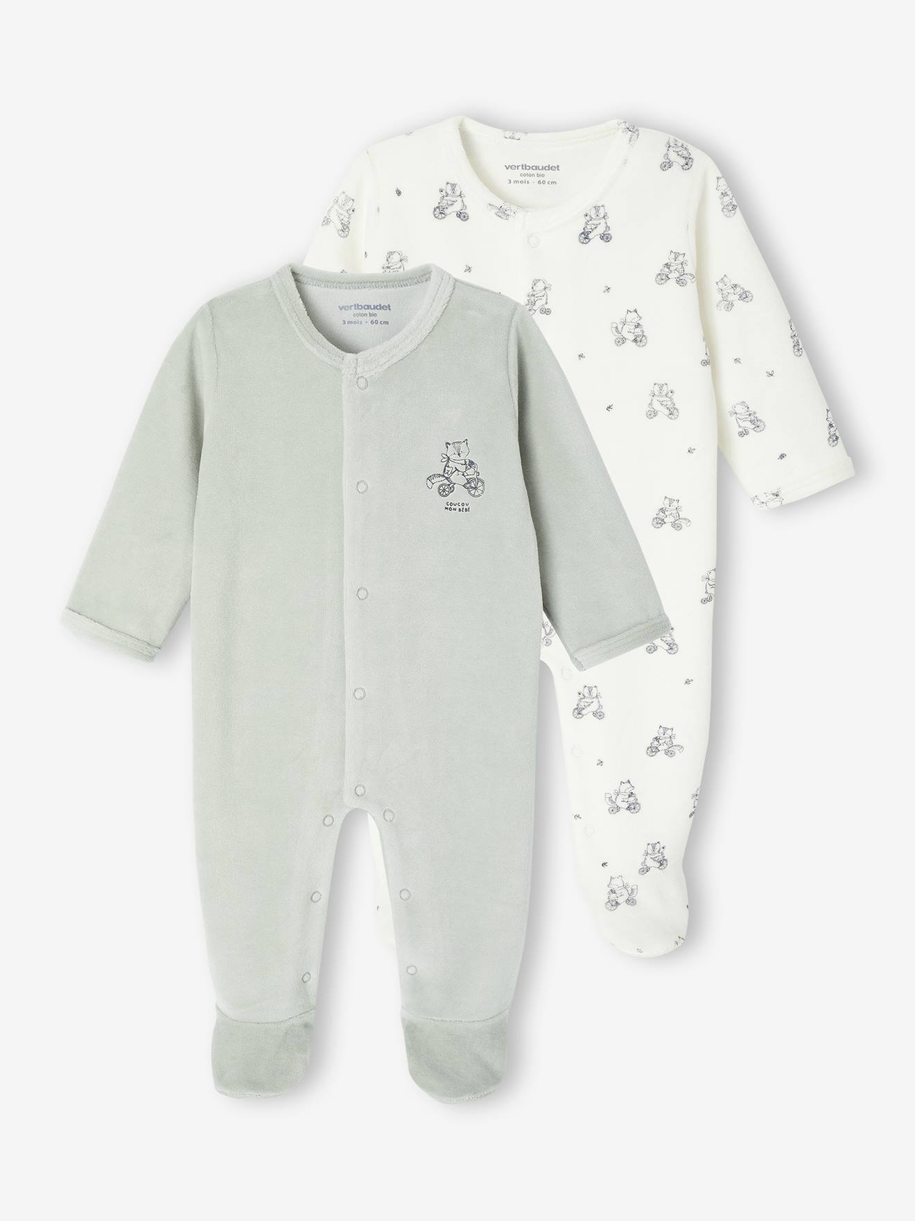 Lot de 2 pyjamas bébé naissance en velours vert d'eau