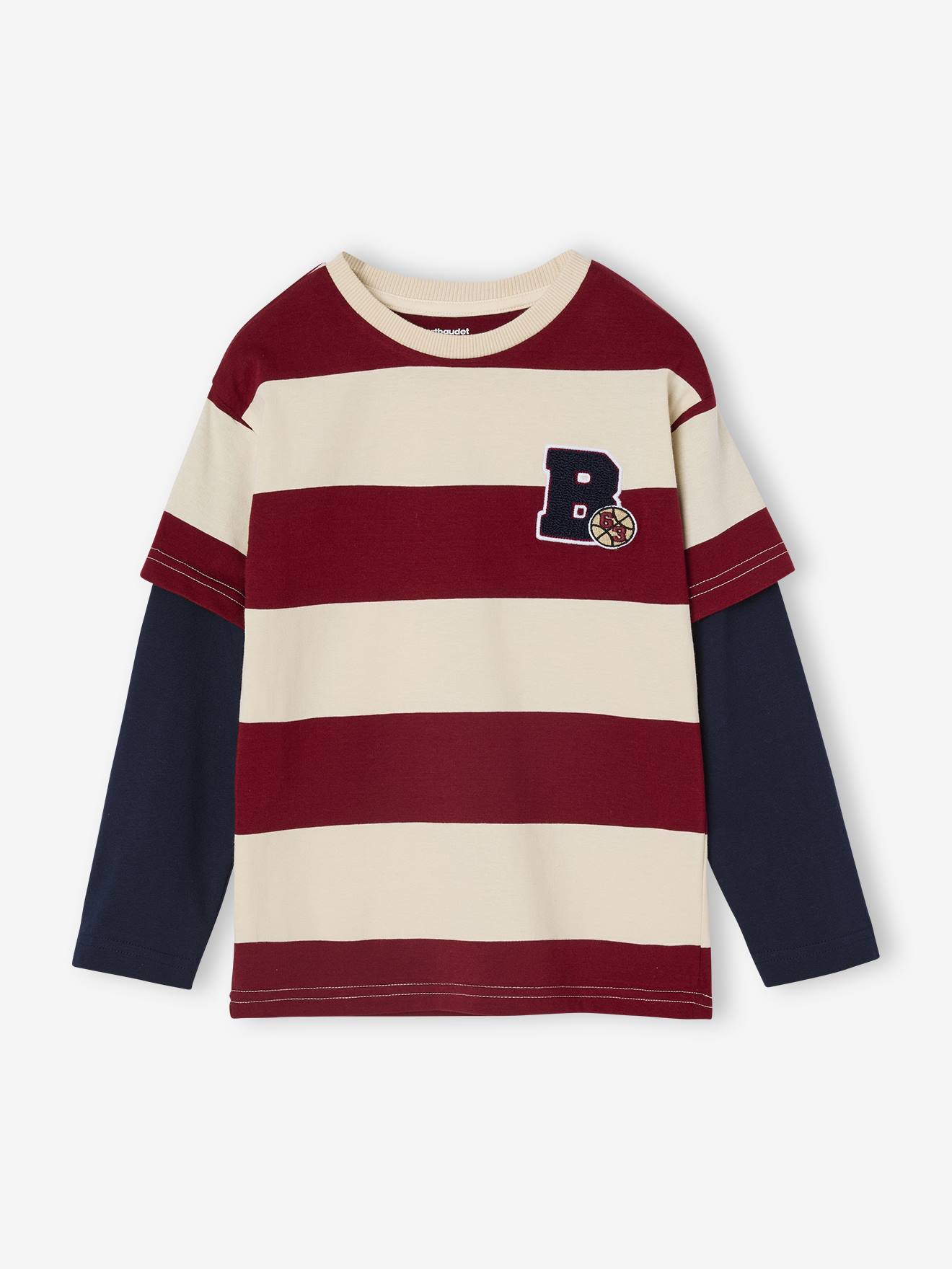 Tee-shirt rayé effet double manches rayé rouge