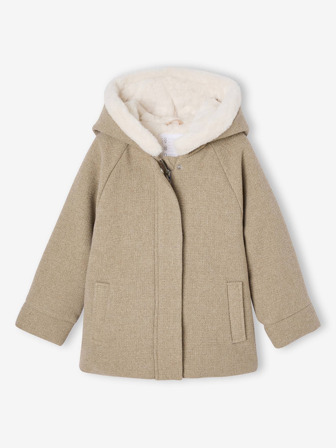 Manteau fille à capuche drap de laine beige chiné