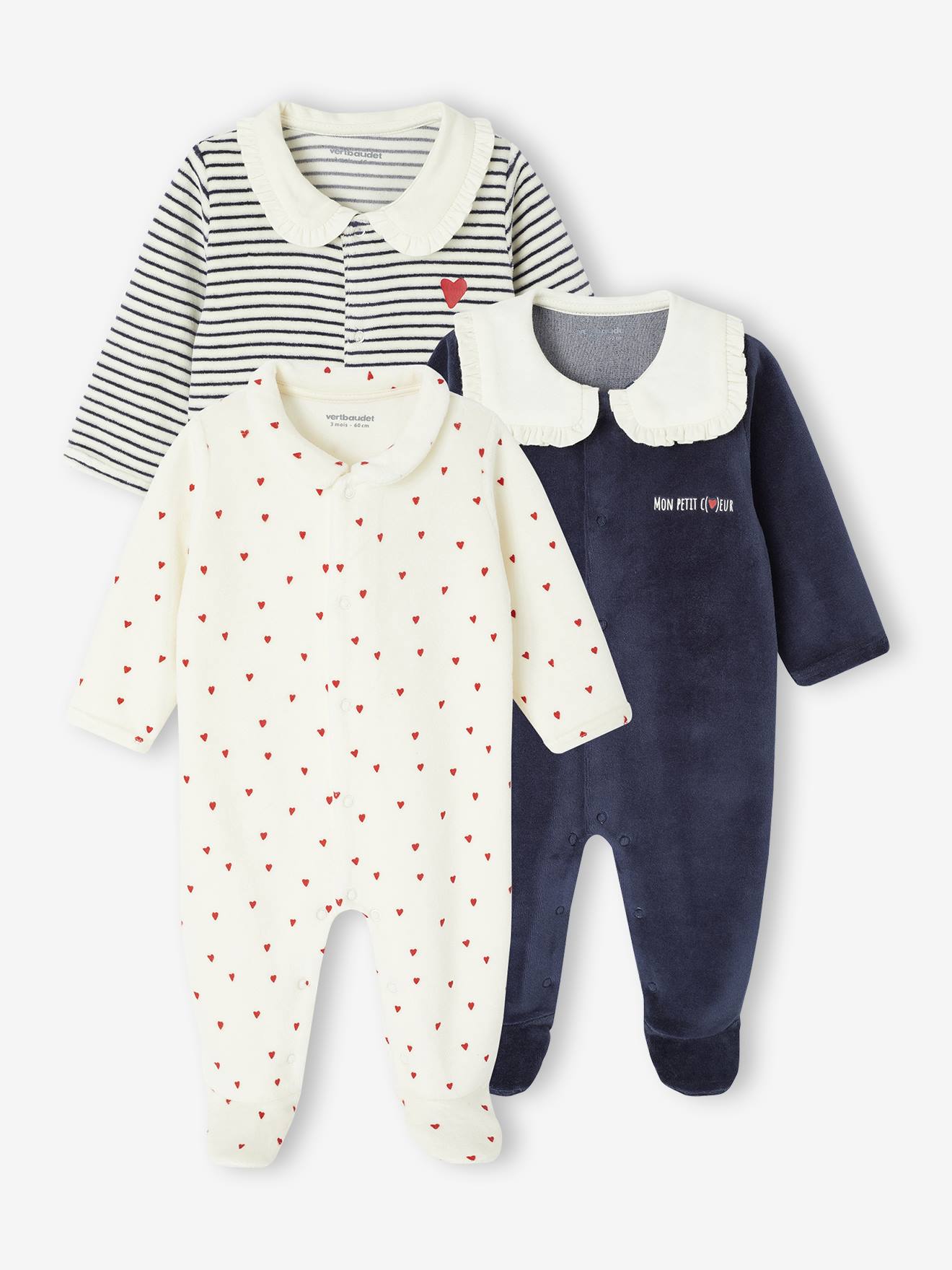 Lot de 3 pyjamas bébé fille c½urs en velours bleu nuit