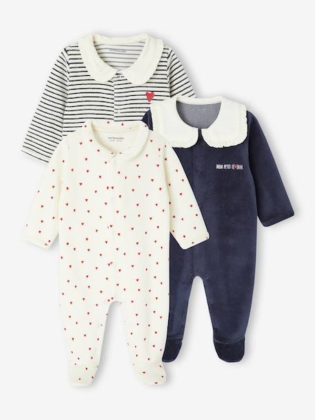 Vertbaudet - Lot de 3 pyjamas bébé fille "c½urs" en velours bleu nuit