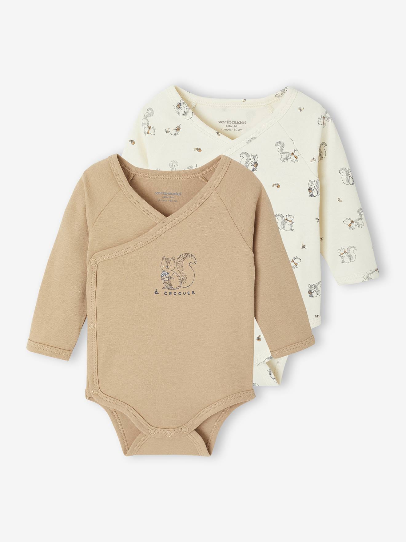 Lot de 2 bodies bébé ouverture naissance manches longues beige
