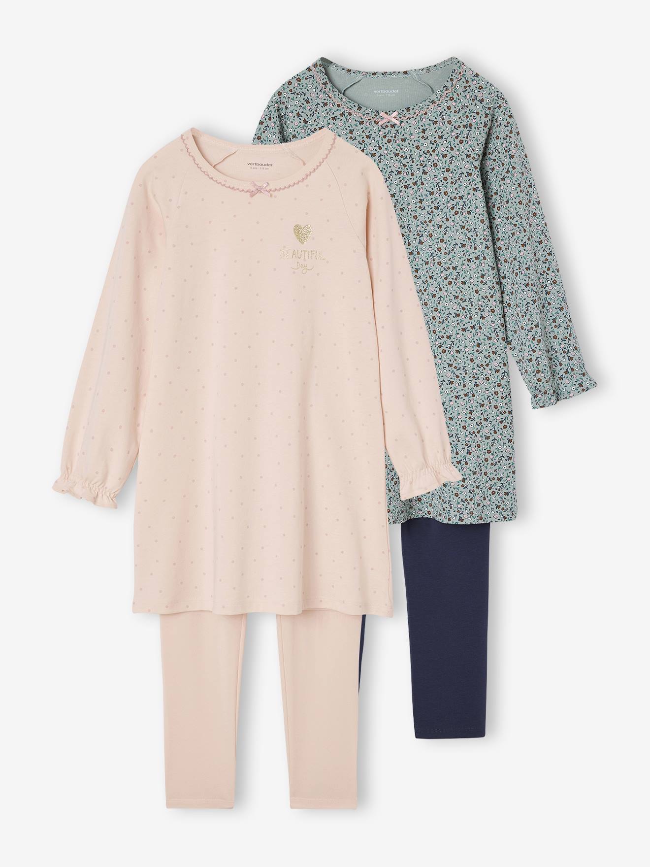 Lot de 2 pyjamas chemises de nuit + leggings fille rose pâle