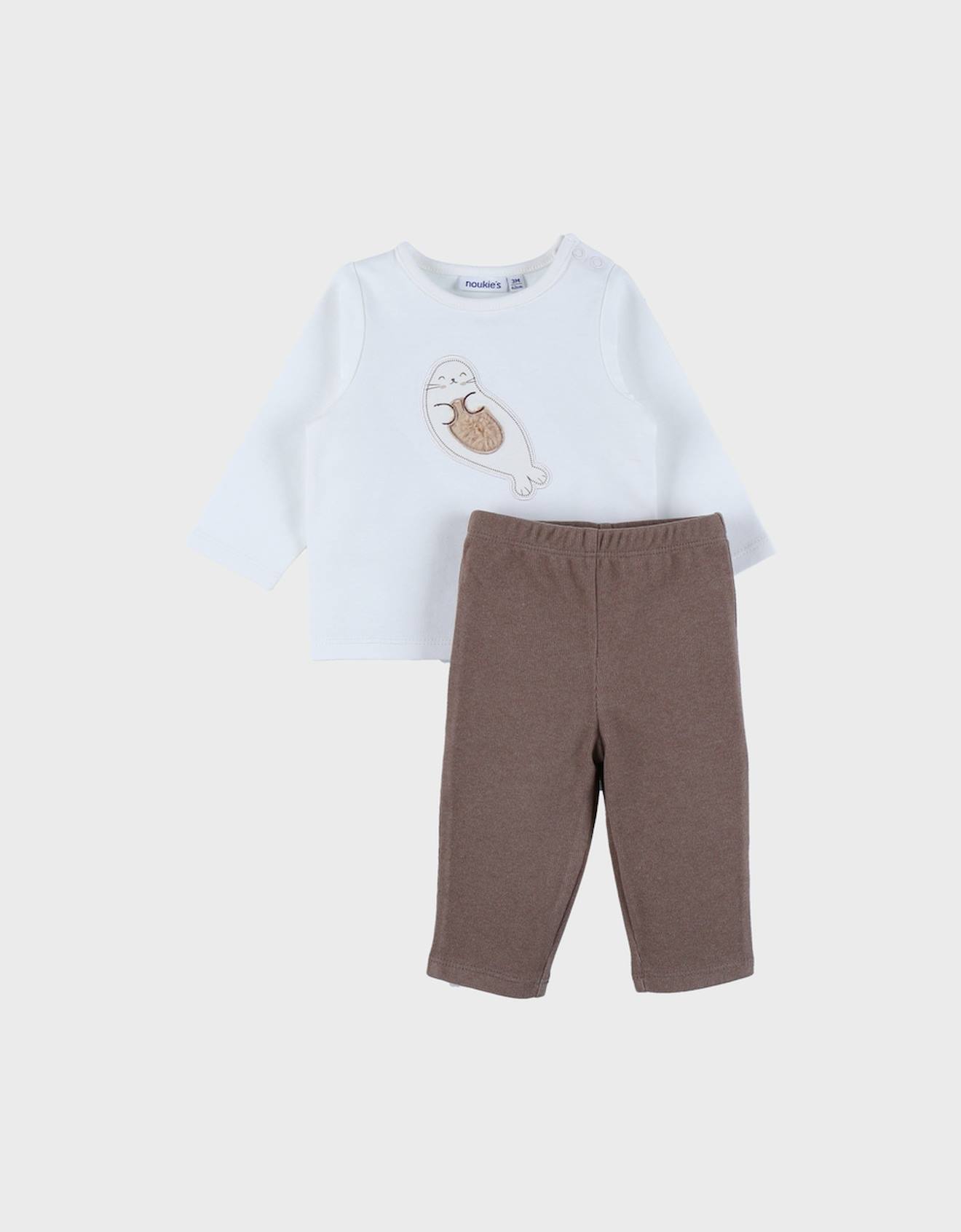 Ensemble T-shirt Manches Longues Et Legging En Jersey Côtelé Brodé Blanc