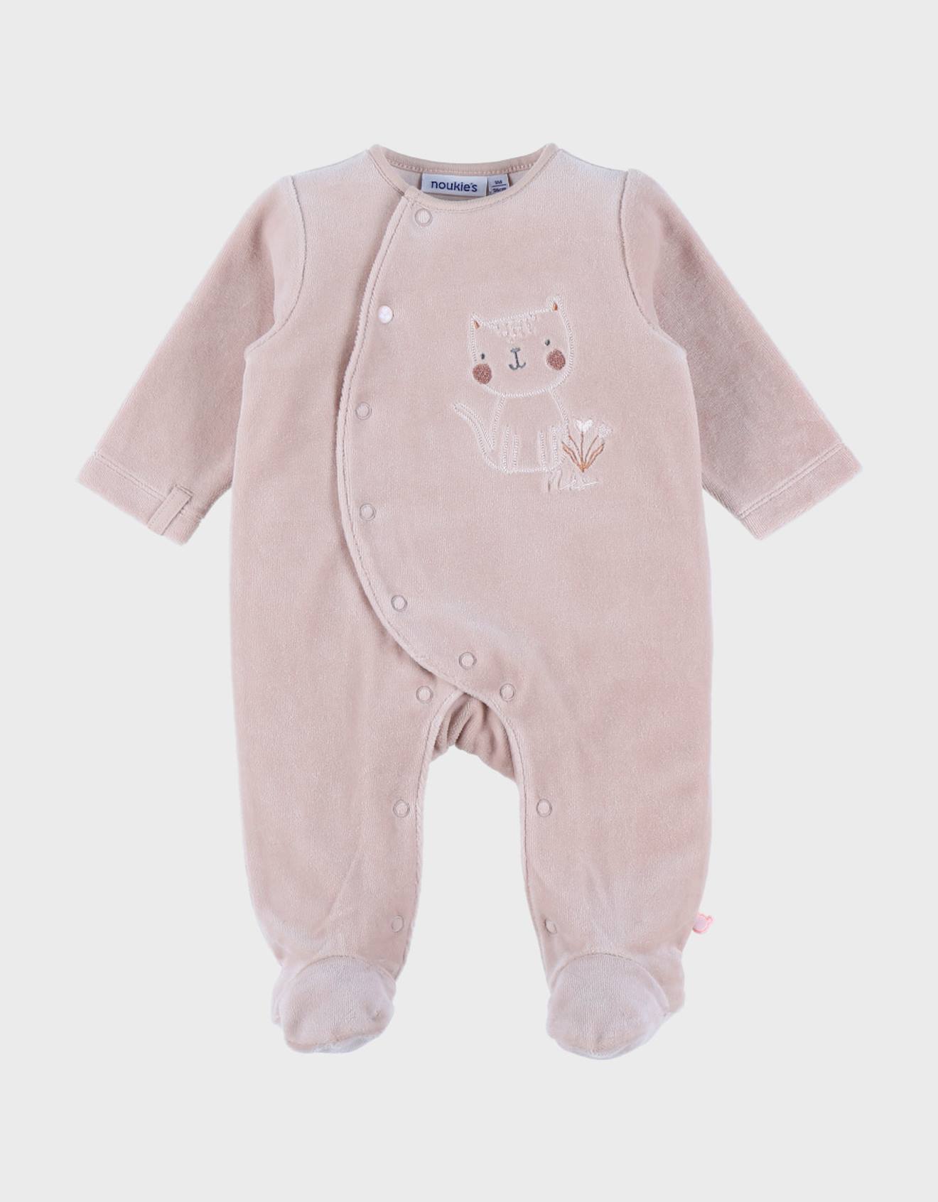 Pyjama Bébé En Velours Avec Broderie Chat Rose