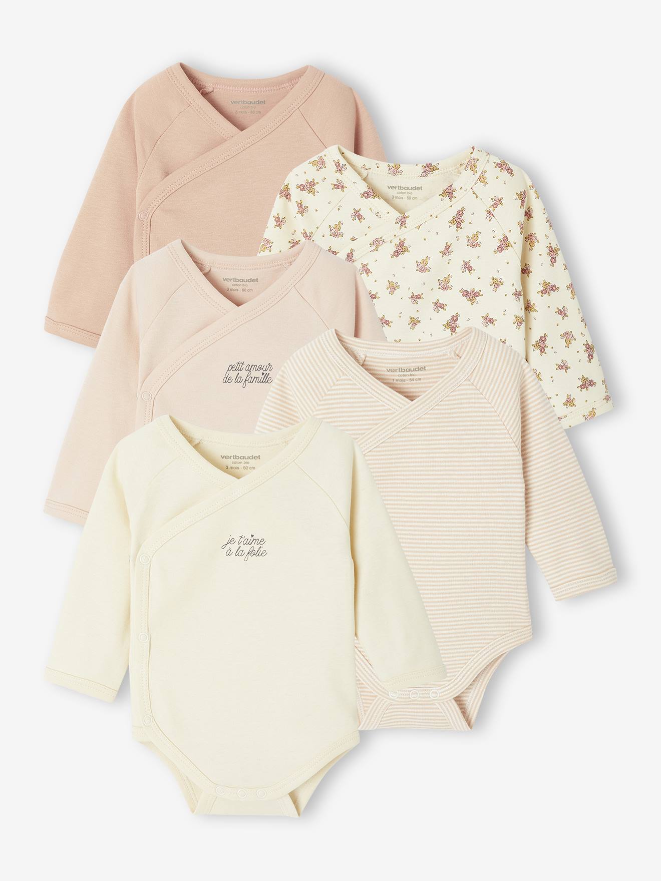 Lot de 5 bodies ouverture naissance rose pâle