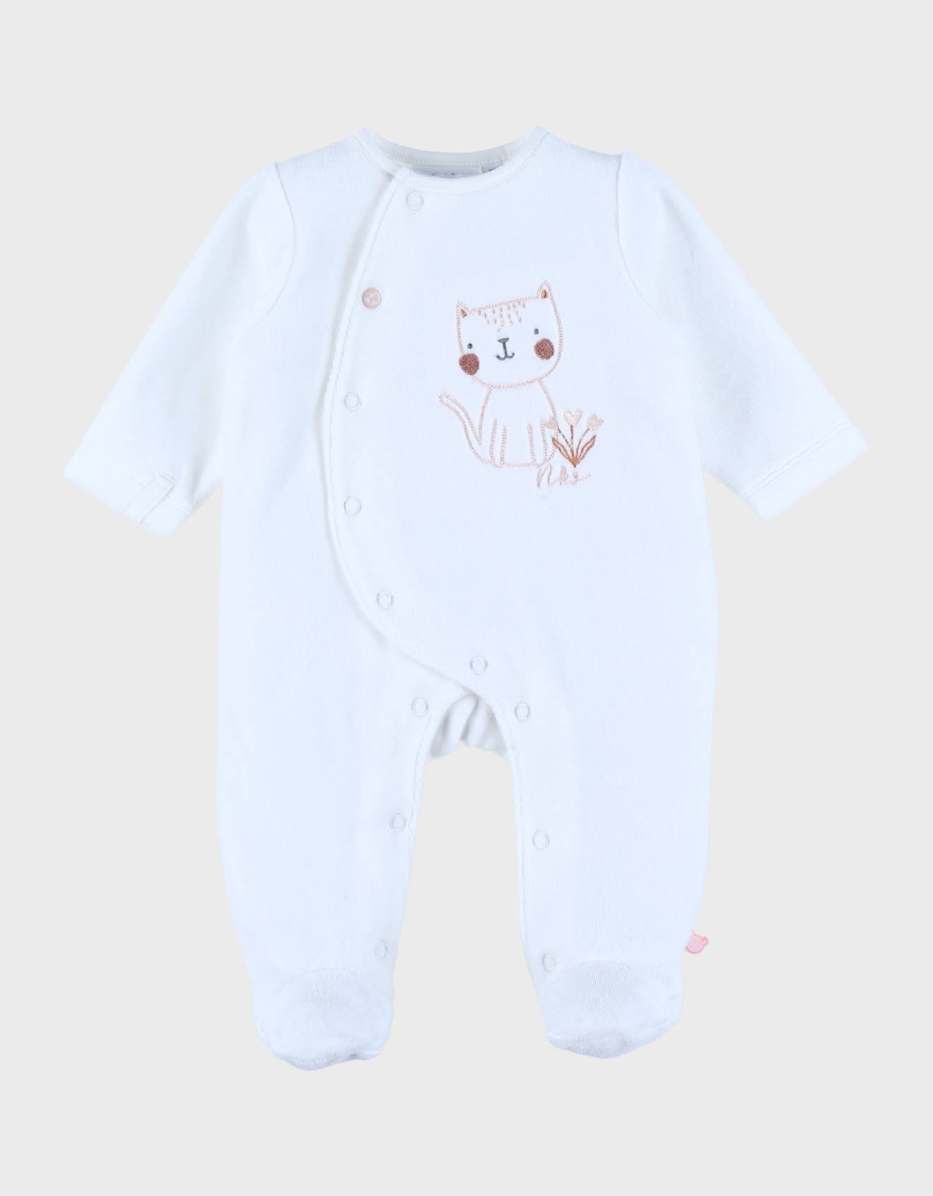 Pyjama Bébé En Velours Avec Broderie Chat Blanc