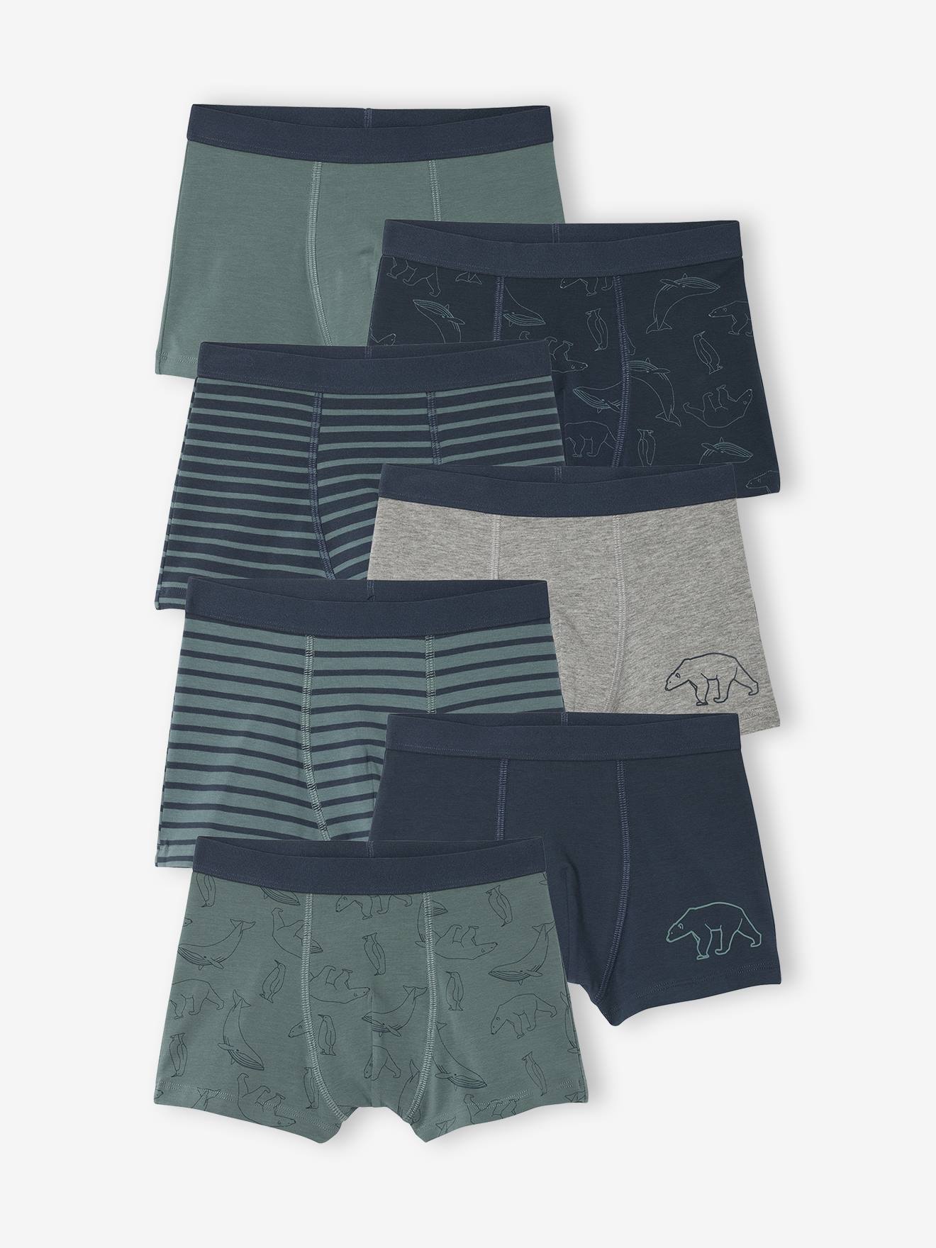 Lot de 7 Boxers Garçon Rayés et Imprimés Ours vert