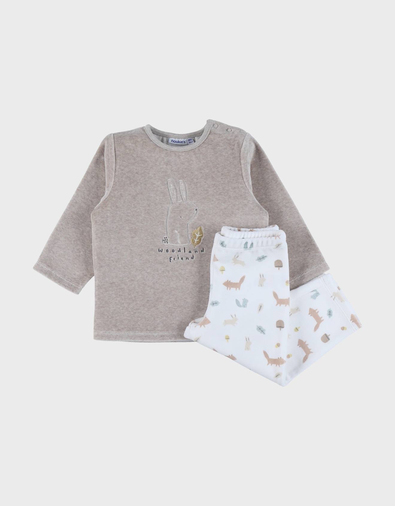 Pyjama 2 Pièces En Velours Avec Broderie Lapin Beige