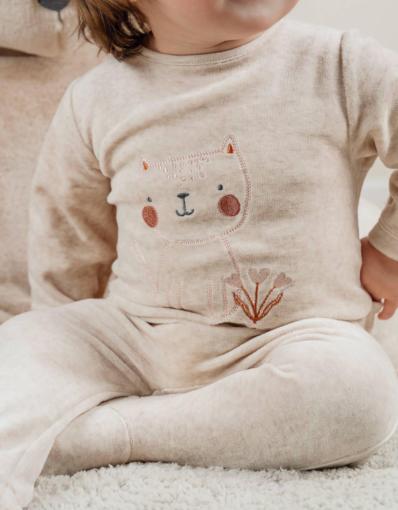 Pyjama Bébé En Velours Brodé Chat Beige (Noukie's) - Image 2