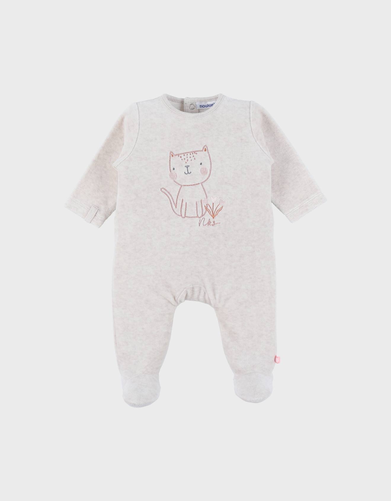 Pyjama Bébé En Velours Brodé Chat Beige