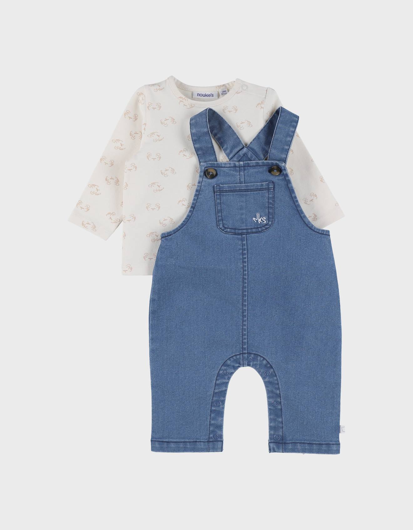 Ensemble Salopette Denim Et T-shirt Manches Longues Imprimé Ecru