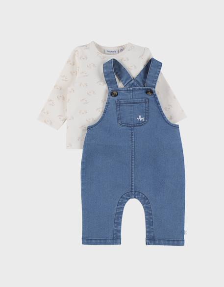 Bébé-Ensemble-Ensemble salopette denim et t-shirt manches longues imprimé