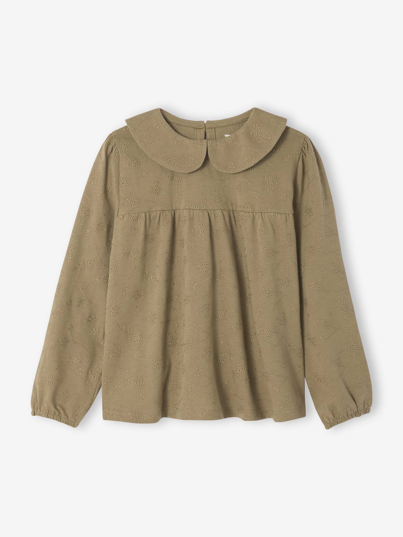 T-shirt blouse en broderie anglaise fille manches longues olive