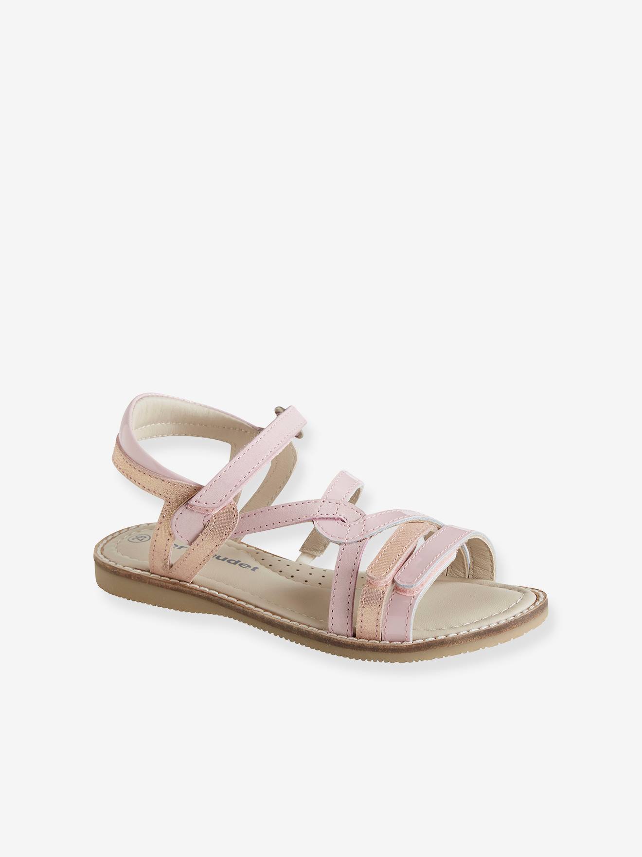 Sandales scratchées en cuir fille collection maternelle rose métallisé