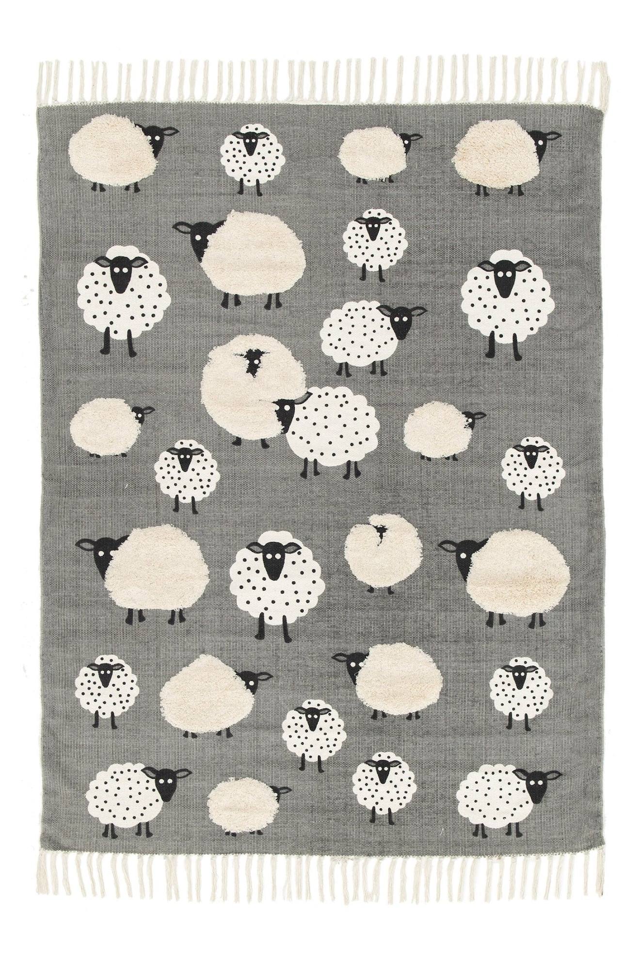 Tapis Enfant En Coton Petits Moutons Gris