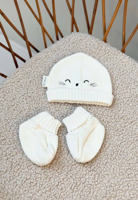 Petit Beguin - Bonnet Bébé Et Chaussons En Tricot Hello Baby Ecru