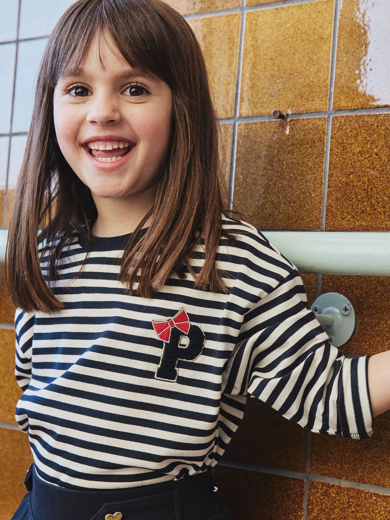 T-shirt fille rayé patch et noeud fantaisie manches longues rayé marine