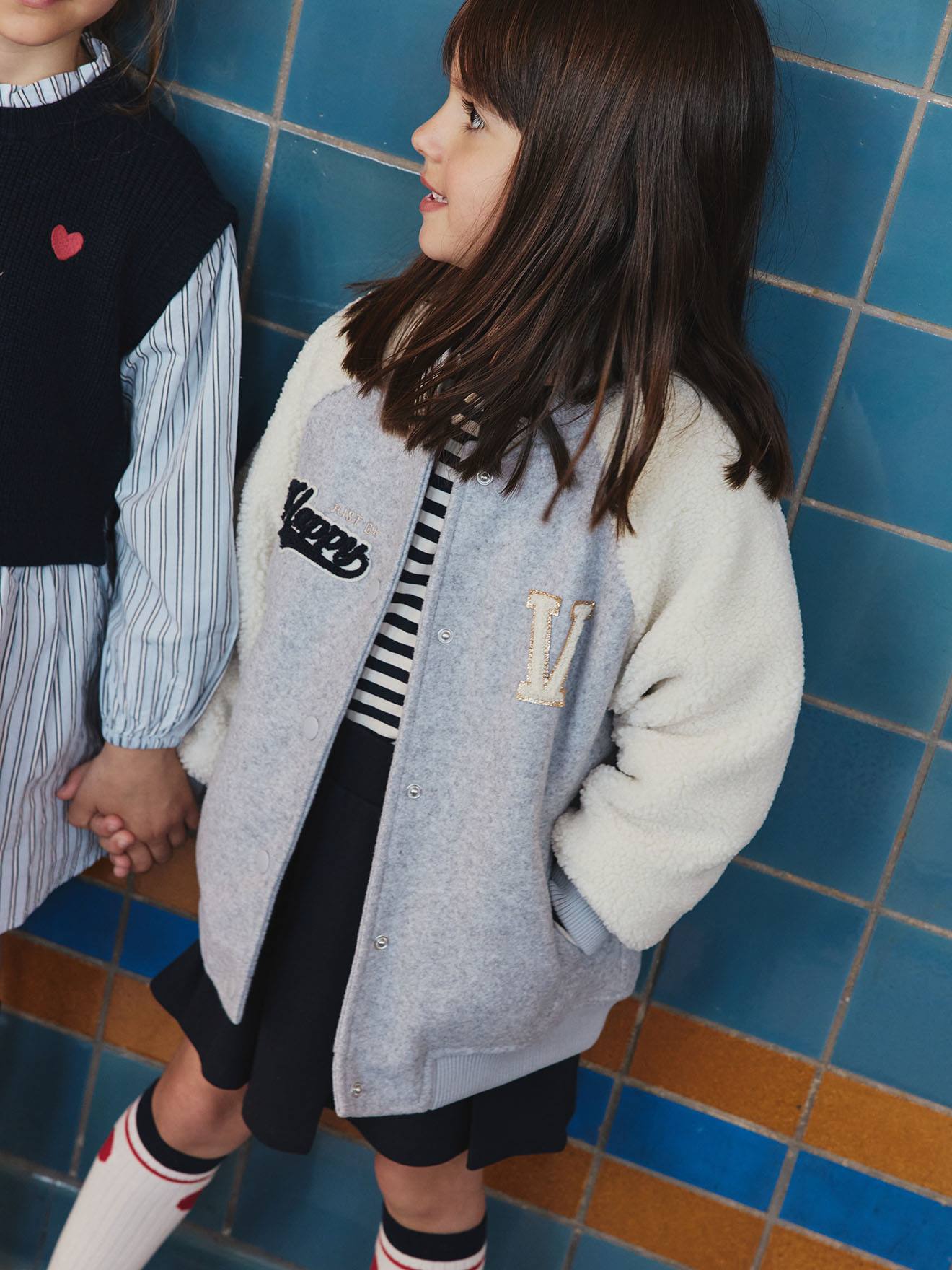 Veste fille bombers bi-matière drap de laine manches sherpa gris chiné