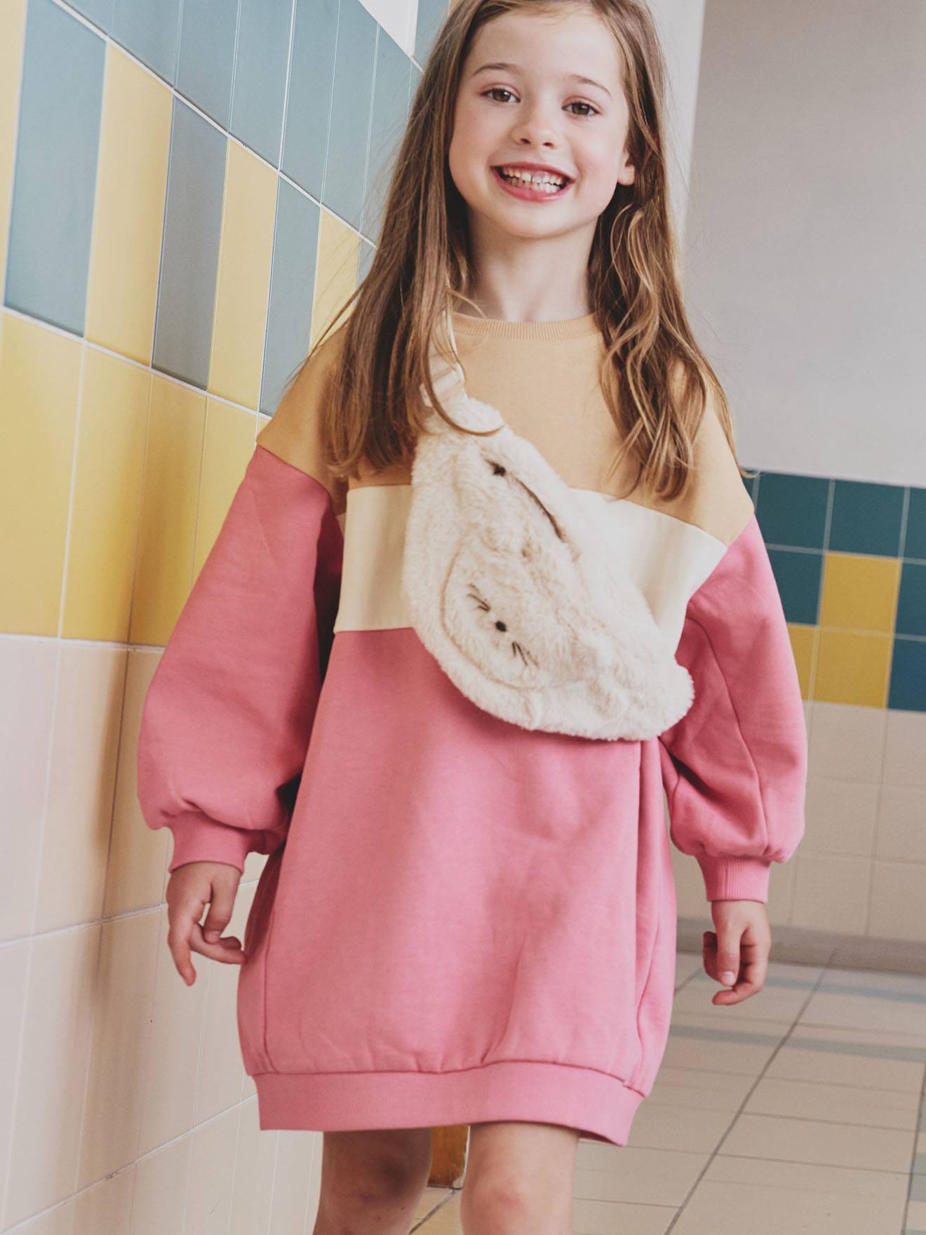 Robe molleton colorblock fille rose