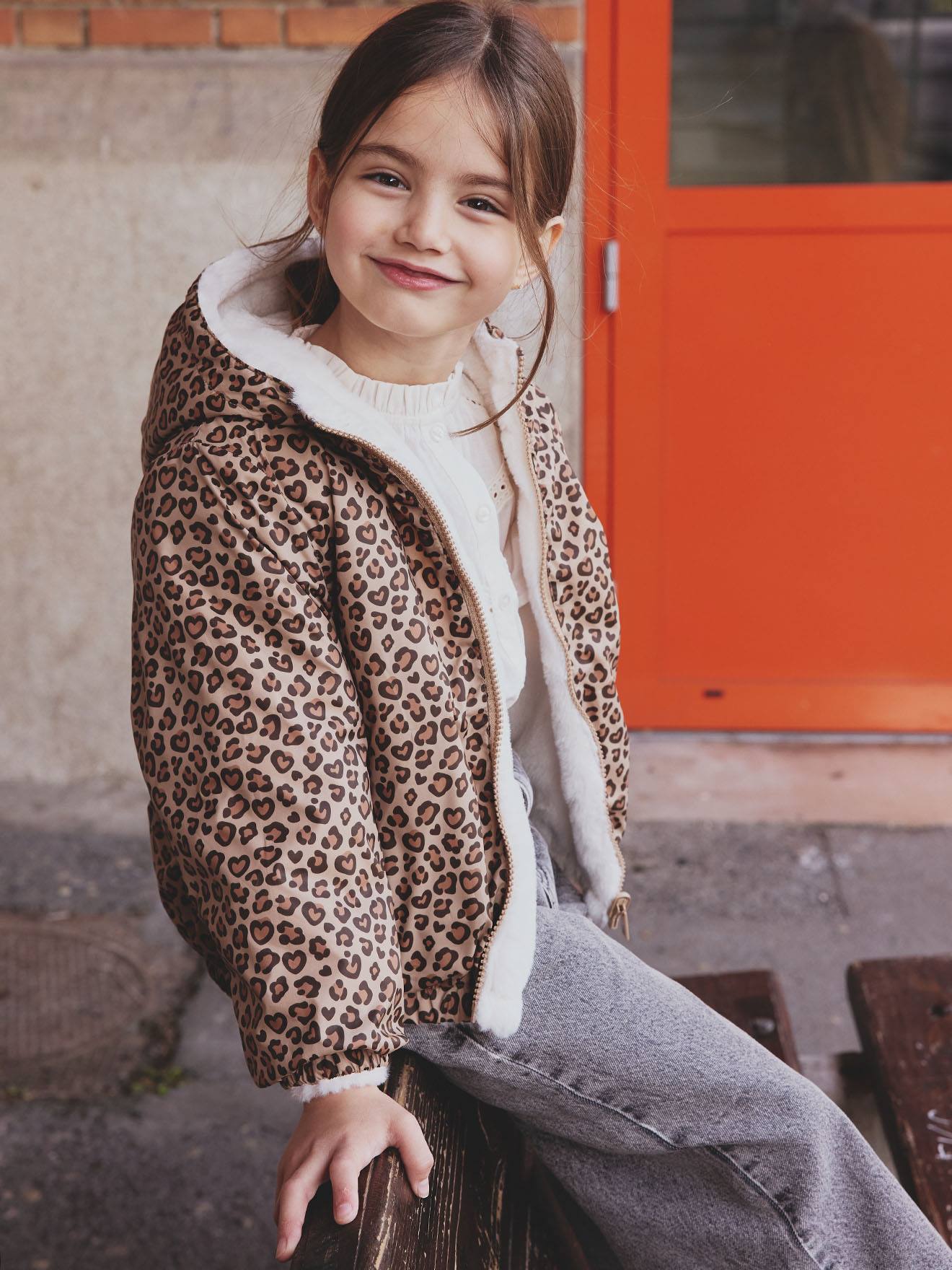 Coupe-vent fille à capuche réversible léopard/sherpa beige