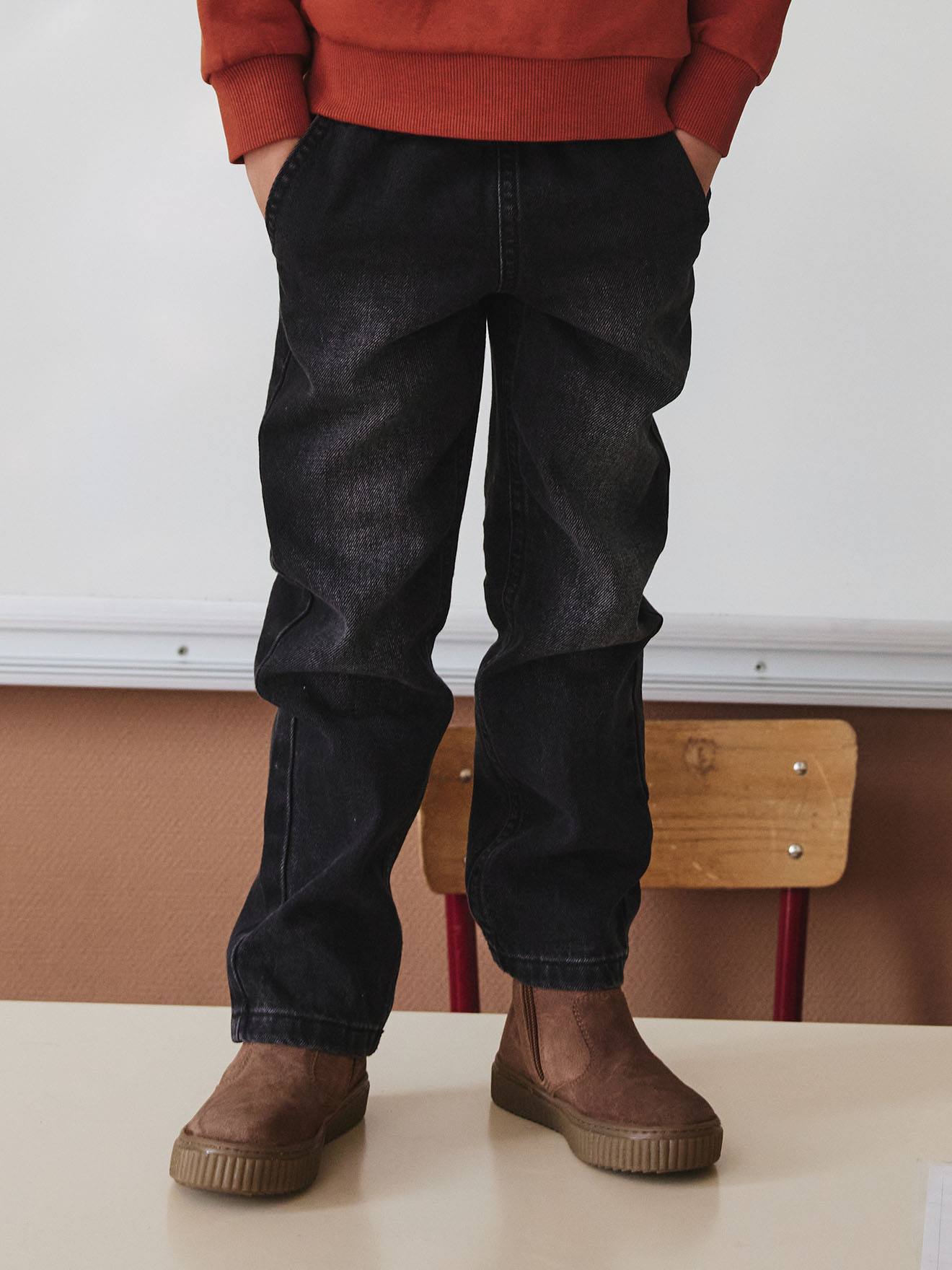 Jean garçon large facile à enfiler denim black