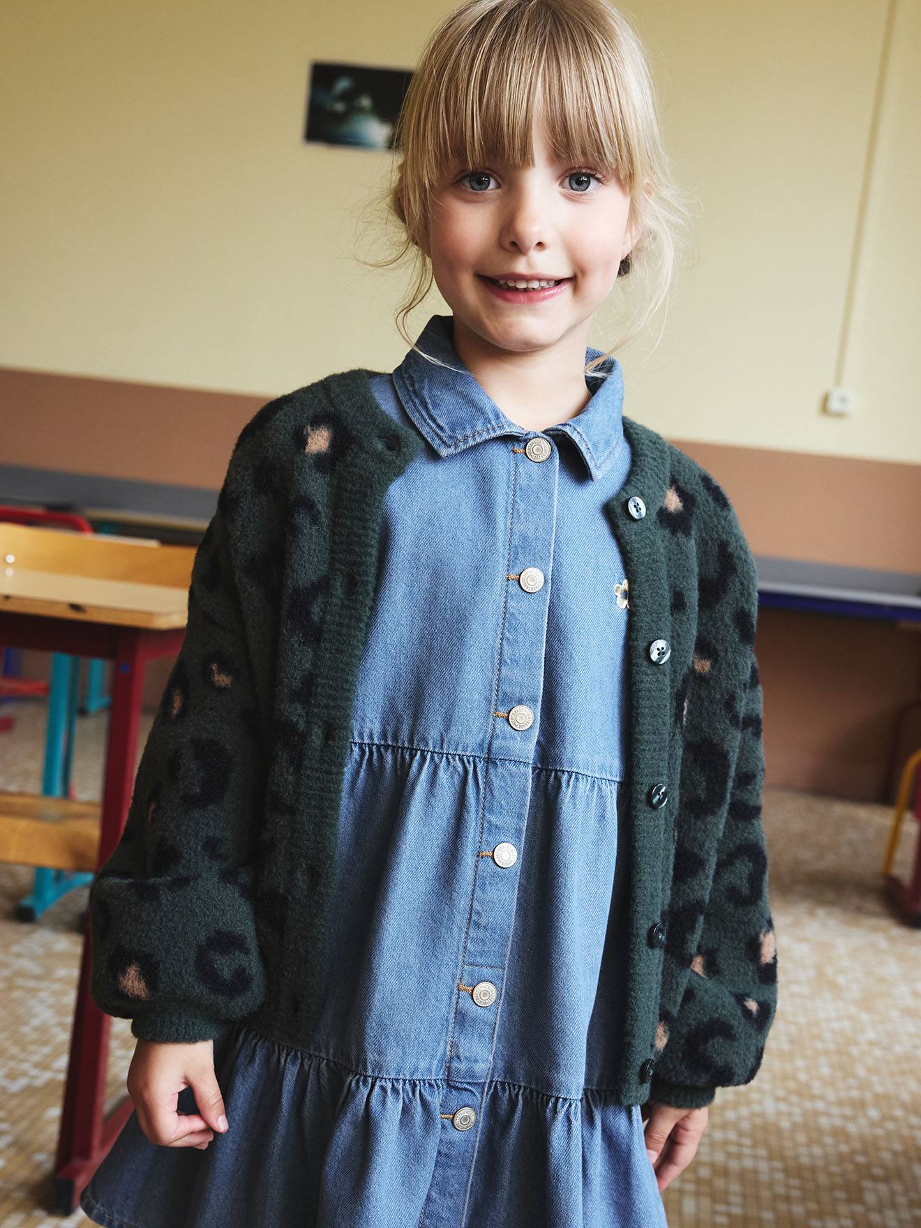 Gilet fille motif maille mousseuse vert