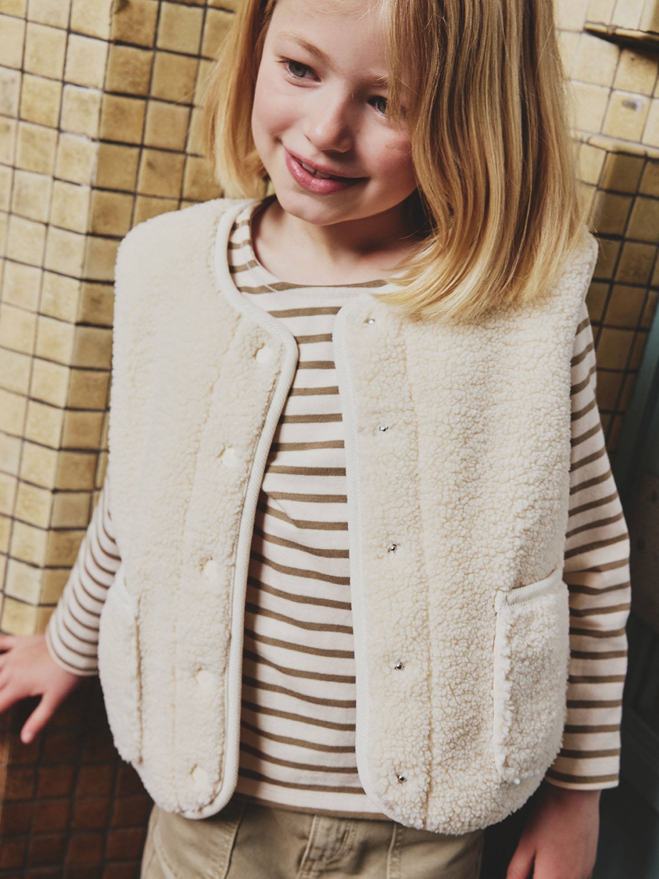 Gilet fille sans manches en sherpa vanille