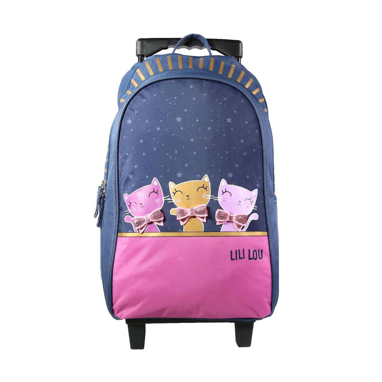 Sac À Dos Scolaire À Roulettes Lili Lou 3 Chats Bleu