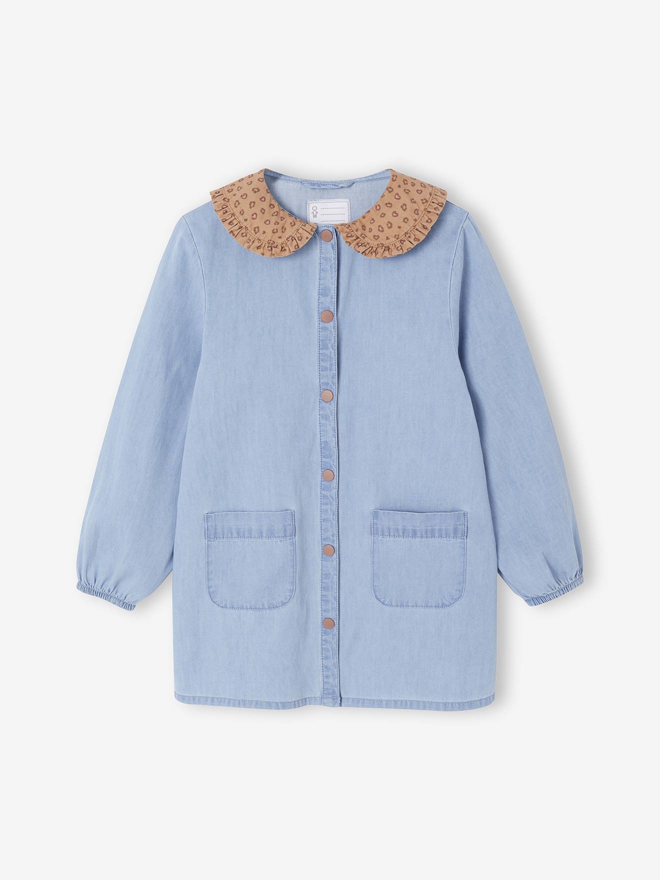 Vertbaudet - Tablier personnalisable chambray avec col imprimé léopard fille bleu jean