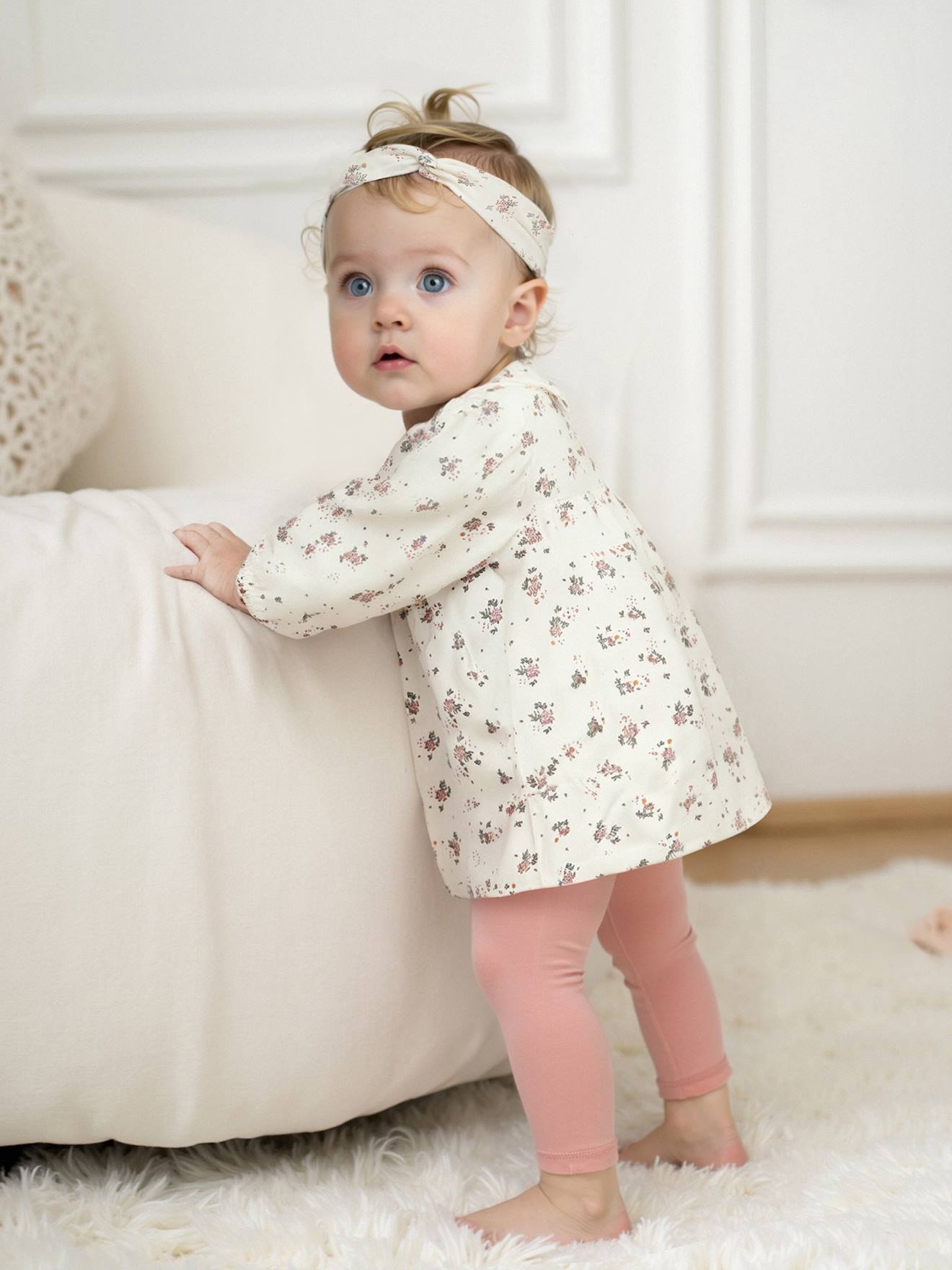 Ensemble bébé robe + legging + bandeau écru