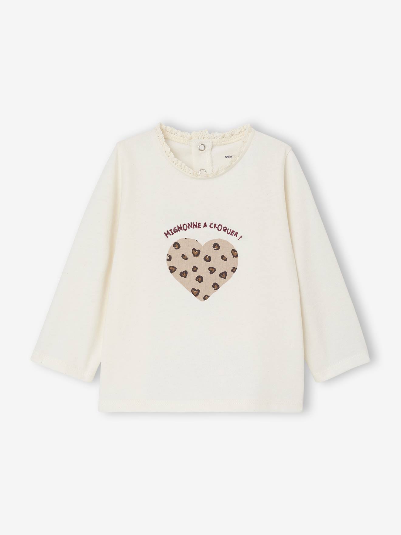 T-shirt bébé manches longues avec motif c½ur léopard écru