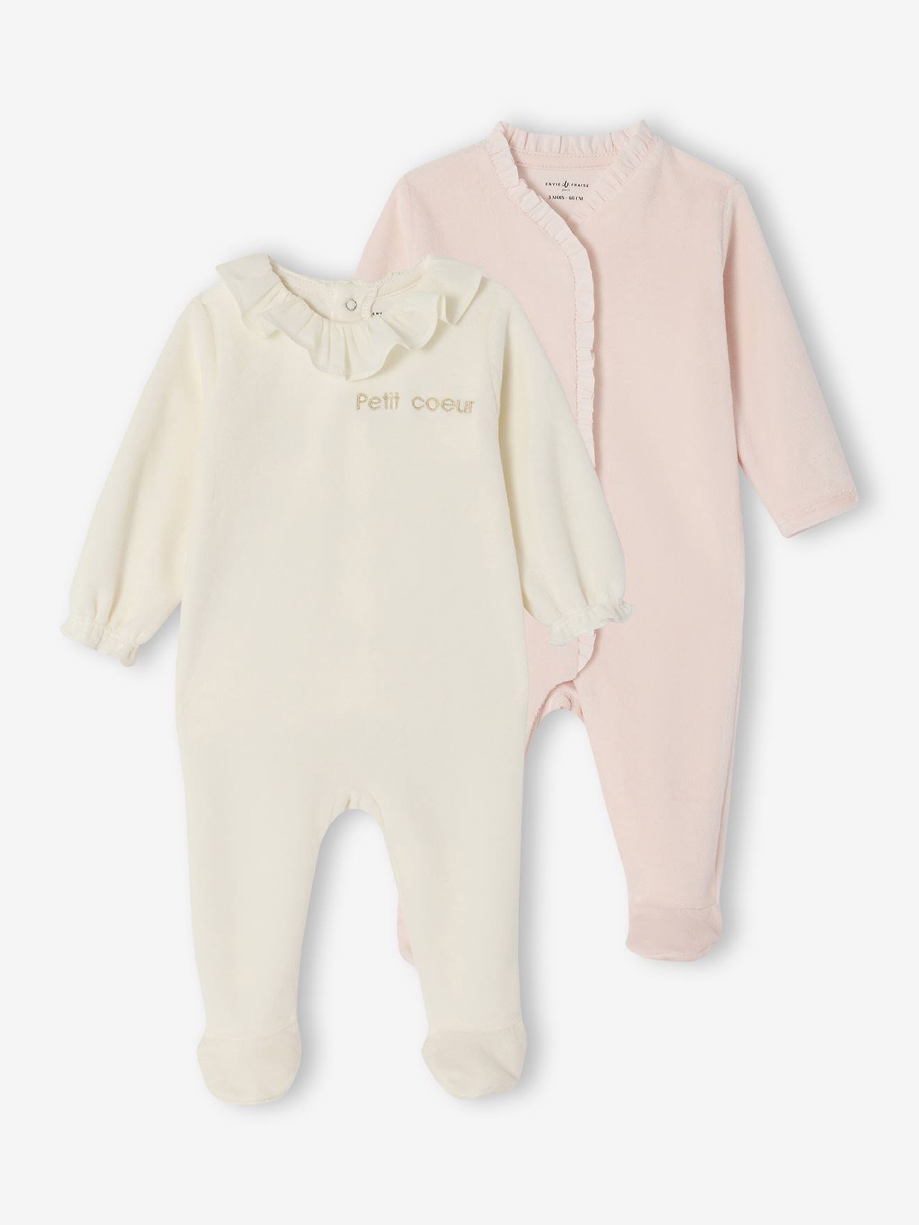 Lot de 2 pyjamas naissance fille en velours personnalisable écru (Envie De Fraise) - Image 1