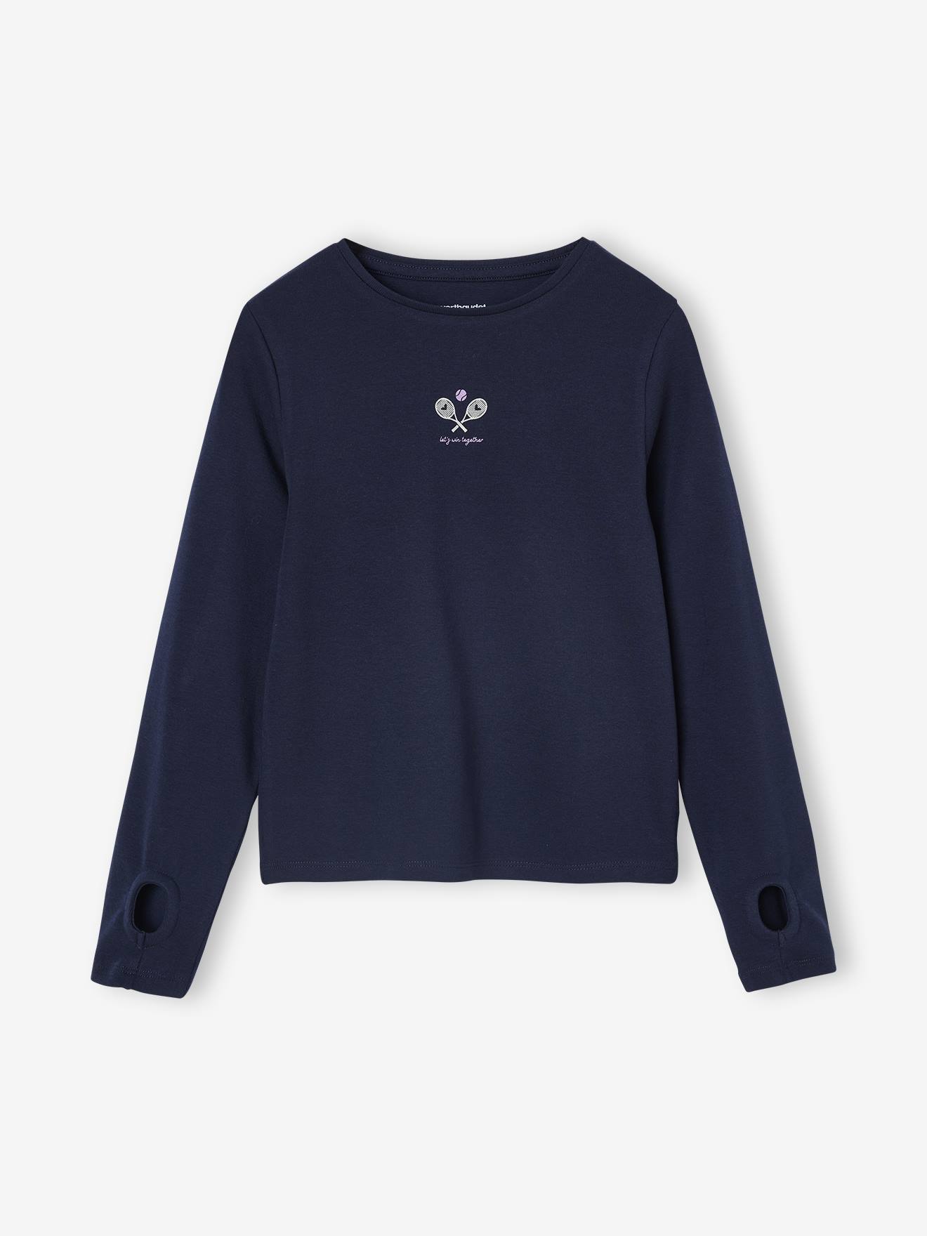 Tee-shirt sport motif tennis fille manches longues marine