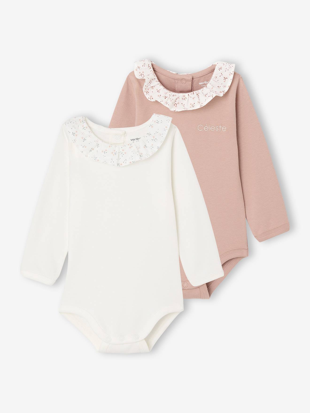 Lot de 2 bodies naissance unis avec col volanté imprimé rose