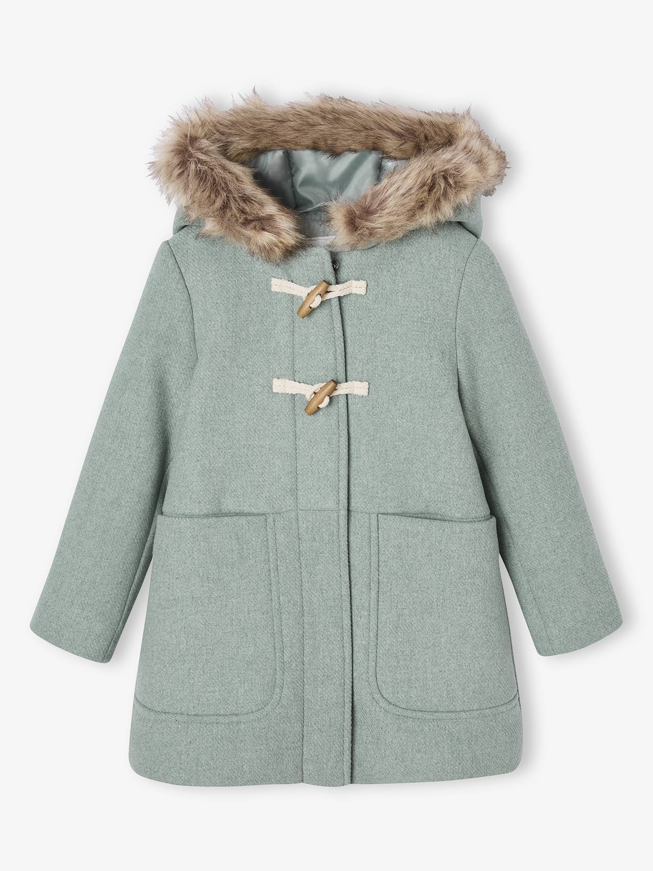 Duffle-coat à capuche fille drap de laine vert de gris
