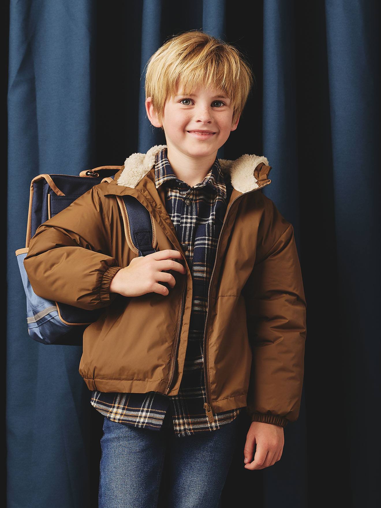 Coupe-vent garçon doublé sherpa à capuche caramel