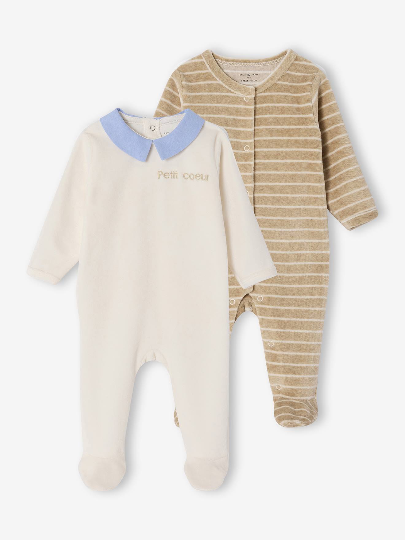 Lot de 2 pyjamas naissance garçon en velours personnalisable écru