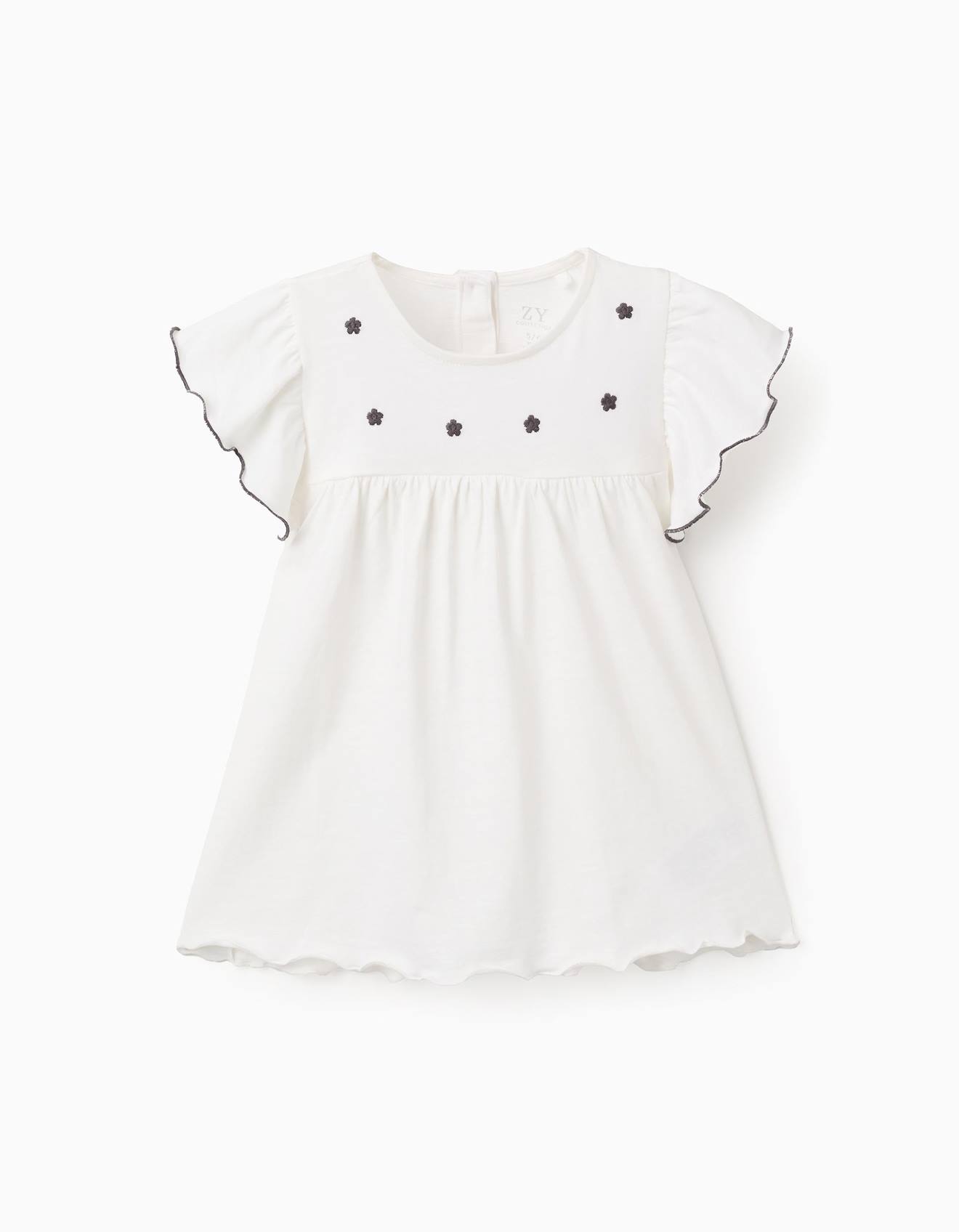 T-shirt En Coton À Volants Et Broderie De Fleurs Blanc