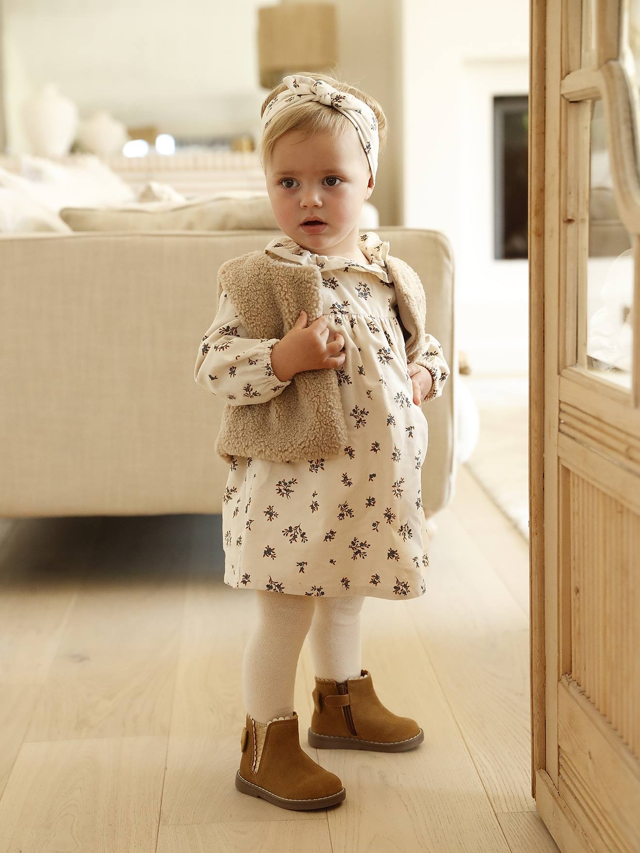 Ensemble robe gilet bandeau bébé fille vanille