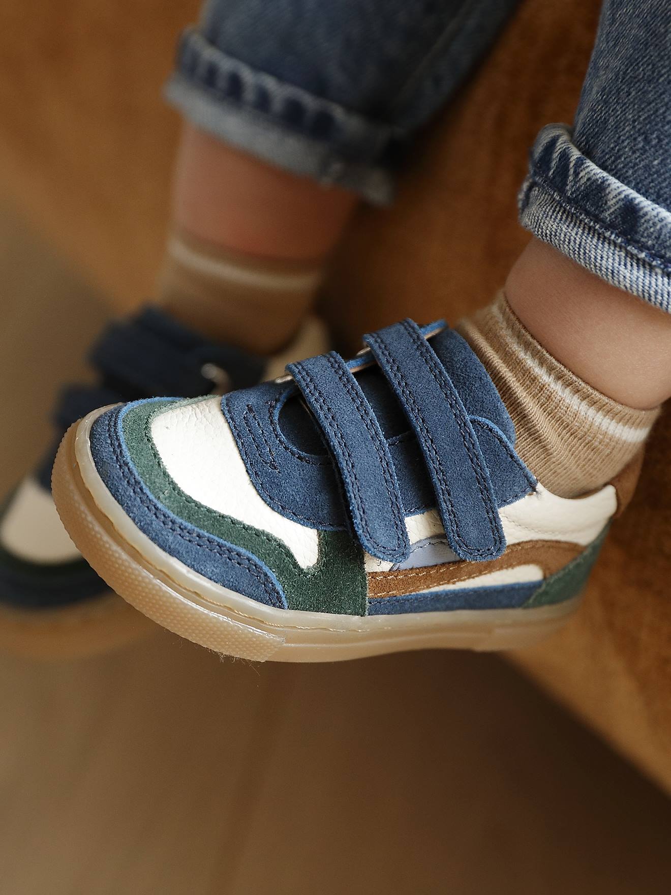 Baskets bébé garçon cuir à scratchs lot bleu